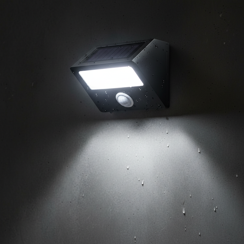 Solar motion sensor outdoor security light with bright LED illumination