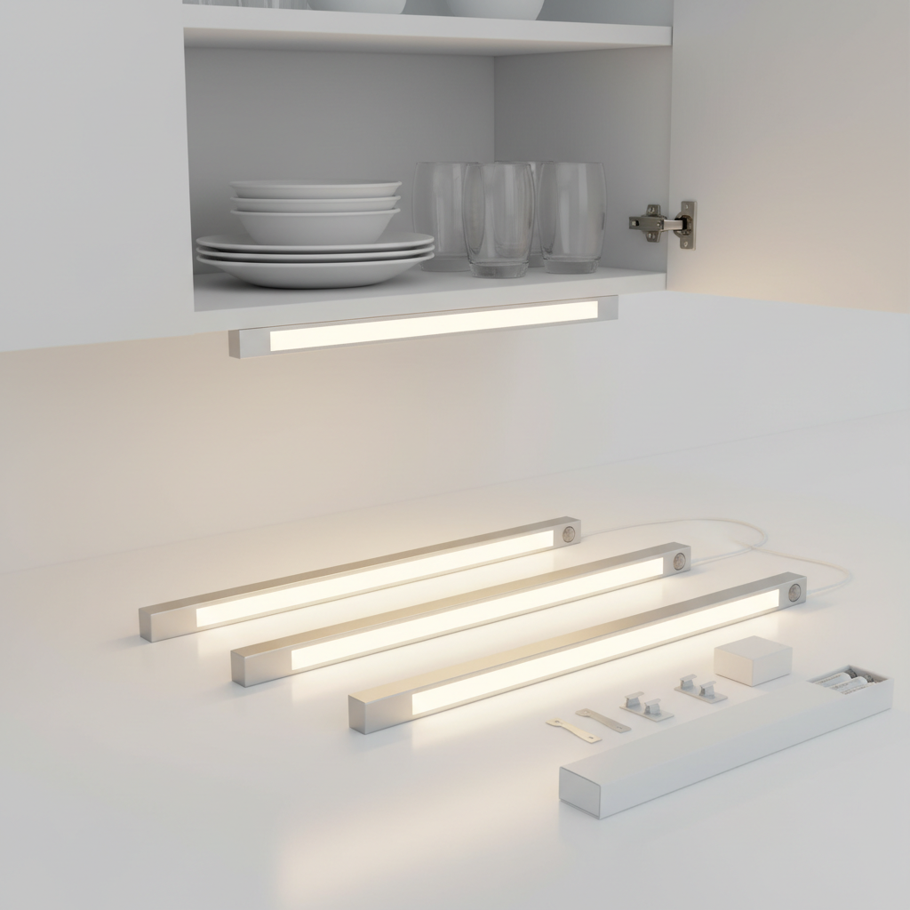Motion sensor LED cabinet light strip illuminating inside a kitchen cabinet